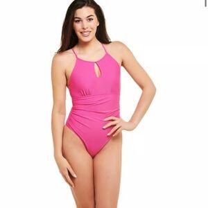 Tahari Hot Pink keyhole cross‎ back One Piece Swimsuit NEW